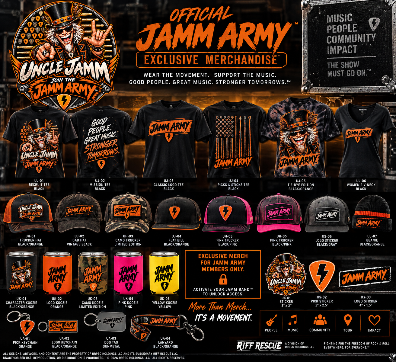 Official Jamm Army merchandise lineup — tees, hats, koozies, stickers, keychains, dog tag and lanyard, all in black and signal orange.